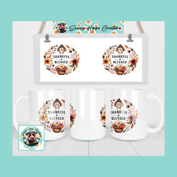Ceramic Coffee Mug Thankful & Blessed Turkey Thanksgiving Autumn 15oz Sublimated - Picture 1 of 4